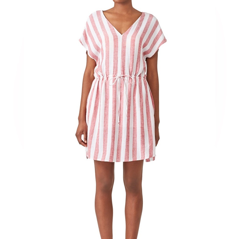 Rails Ren Drawstring Waist Mini Dress Seville Pink White Strip‎ Sz Small Linen